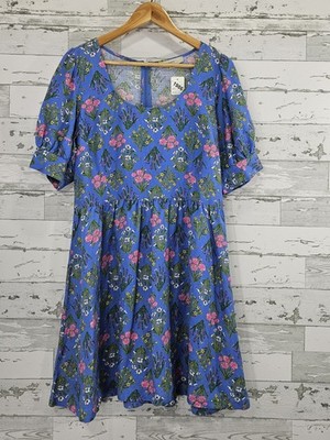 Loft Linen Blend Puff Sleeeve Blue floral Mini Dress Womens 6