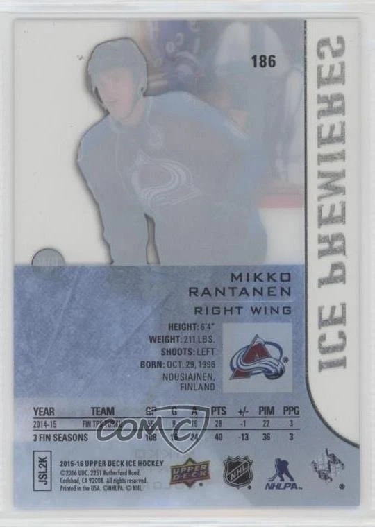 2015-16 Upper Deck Ice Premieres /499 Level 2 Mikko Rantanen #186 Rookie RC - Image 2 of 2