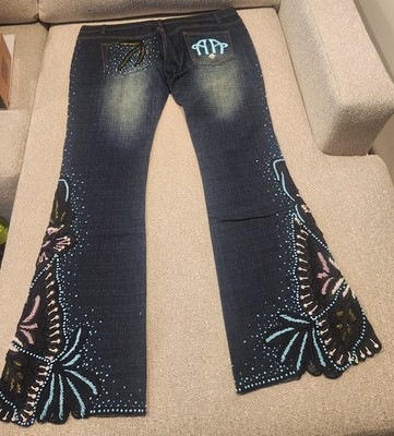 New Amanda Adams Couture  Denim Jeans  Embellished Hand Beaded Sz 12