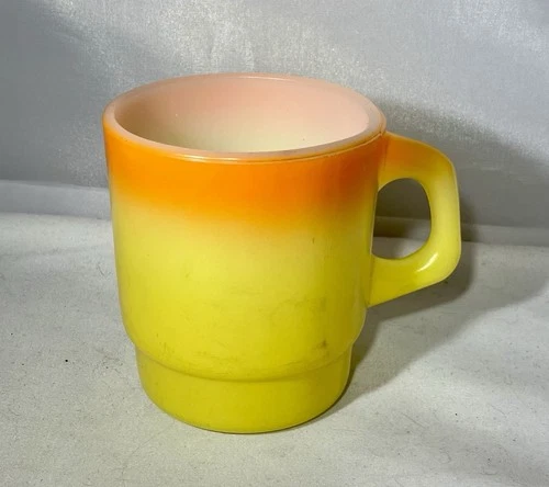 Anchor Hocking Fire King Coffee Mug Orange Yellow Ombre Stackable Vintage 1960s