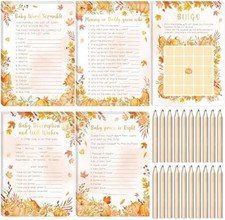 145Pcs Fall Pumpkin Baby Shower Games 5 Set Game Activity Cards with 20 Pencils