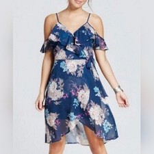 XHILARATION Blue Floral Cold Shoulder Faux Wrap Dress SIZE: XS