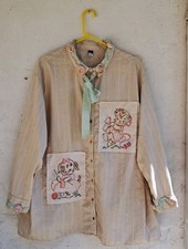 OOAK Upcycled  Oversized Smock Shirt  Embroidered Patches Shabby Roses Sz 2XL