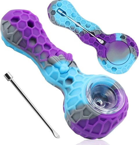 1Pcs Blue&Purple SILICONE PIPE 4.3" With GLASS BOWL & Clean Tool-HoneyComb Bee - Picture 3 of 6