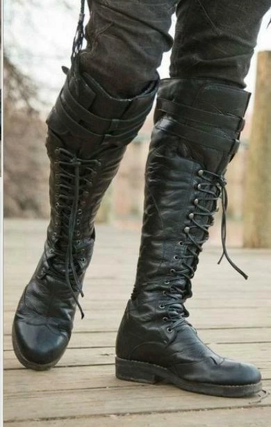 Men's Punk Lace Up Knee High Boots Knight Riding Boots Flat Faux Pu Casual Shoes - Image 3 of 4