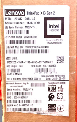 Lenovo ThinkPad X13 Gen2 i5-1135G7 8GB 256GB WiFi6 BT5 13.3F W10P64 20WK005UUS