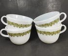 Pyrex 4 Vintage Milk Glass Spring Blossom Crazy Daisy Coffee Cups Mug Green