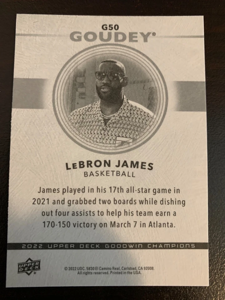TARJETA DE BALONCESTO UPPERDECK GOODWIN CHAMPIONS 2022 LEBRON JAMES GOUDEY G-50 Foto 2 de 2