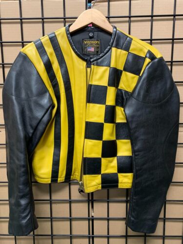 VANSON LEATHER MOTORCYCLE JACKET BLACK/YELLOW CHECKERED SIZE 40 USED - Afbeelding 1 van 10