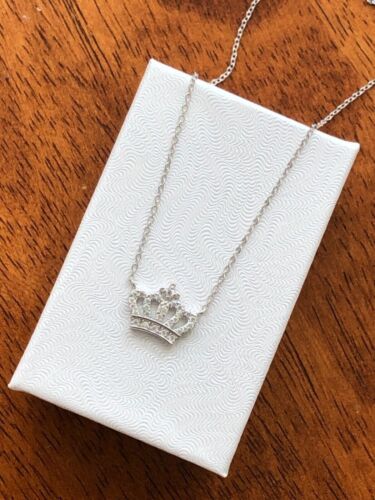 925 Sterling Silver Cz Crown Pendant Necklace Womens Girls 13mm 17.5" Small