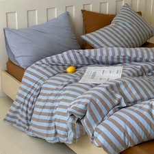 Striped Duvet Cover Set Full, 100 Washed Full 80"x90" 03 Blue Brown Striped