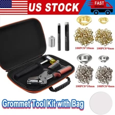 Grommet Tool Kit with Bag Handheld Hole Punch Pliers Hammer 200PCS 3/8 inch Gold