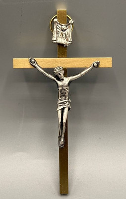 Vintage Catholic Crucifix Wall Cross  4''   INRI Metal Corpus Wooden Cross Italy