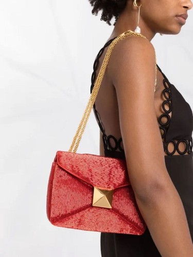 Valentino Garavani One Stud Shoulder Bag Tube Embroidery Antique Brass