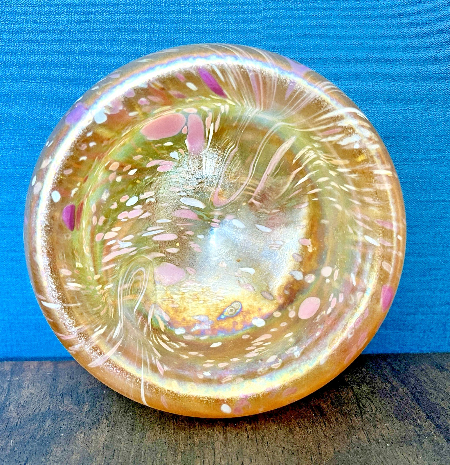 Vintage Iridescent Art Glass Bowl – Hand Blown Studio Glass Swirl Bowl Gold Pink image 2