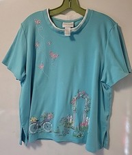 Alfred Dunner Blue Blouse Womens L Multicolor Floral Embroidery New (60% Cotton)