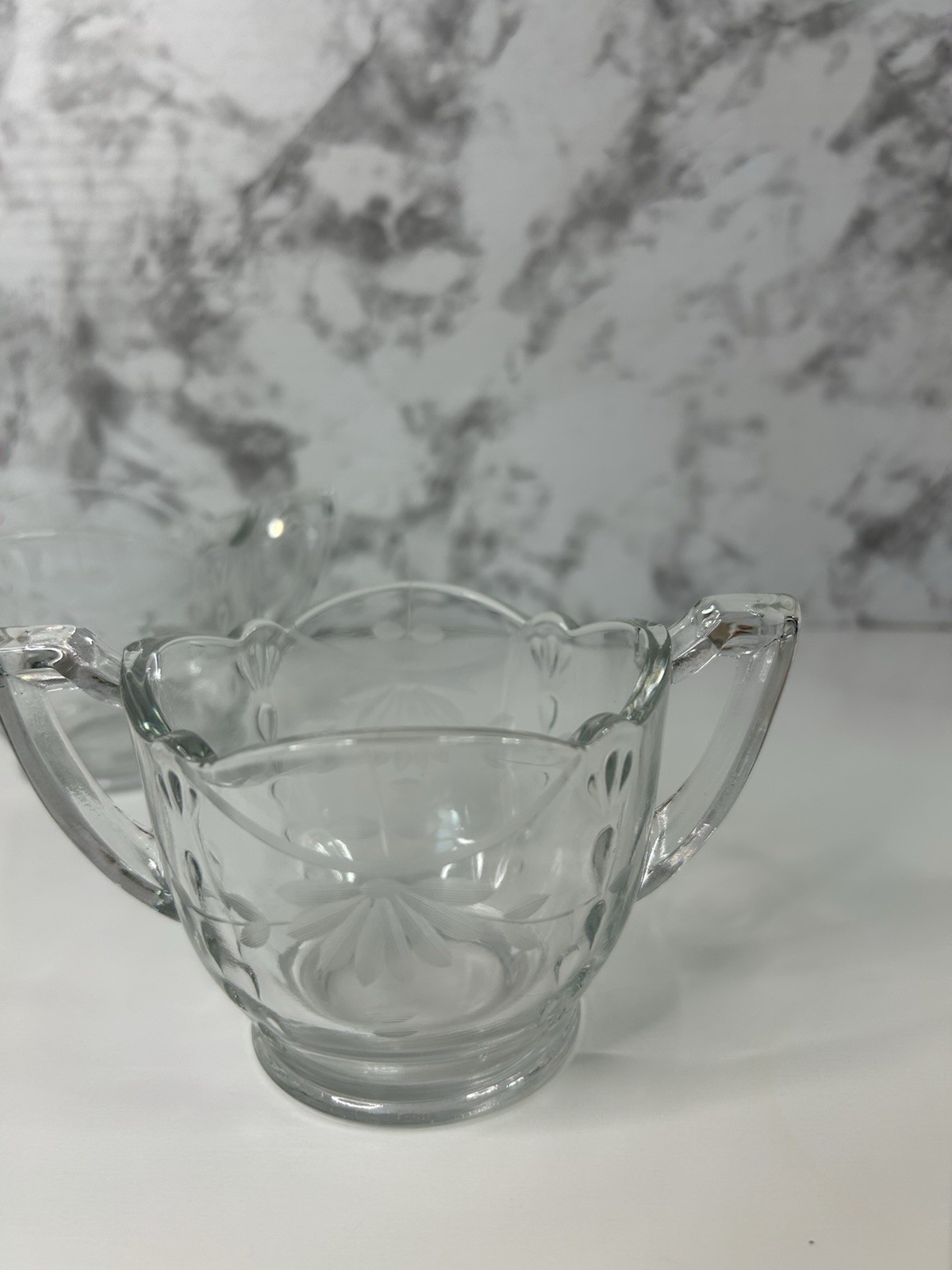 Vintage Glass Creamer & Open Sugar Set Etched Clear Floral Replacement Creamer