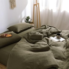 Olive Green Waffle Weave Duvet Cover Set Queen, 3-Piece 100% Natural Washed C...
