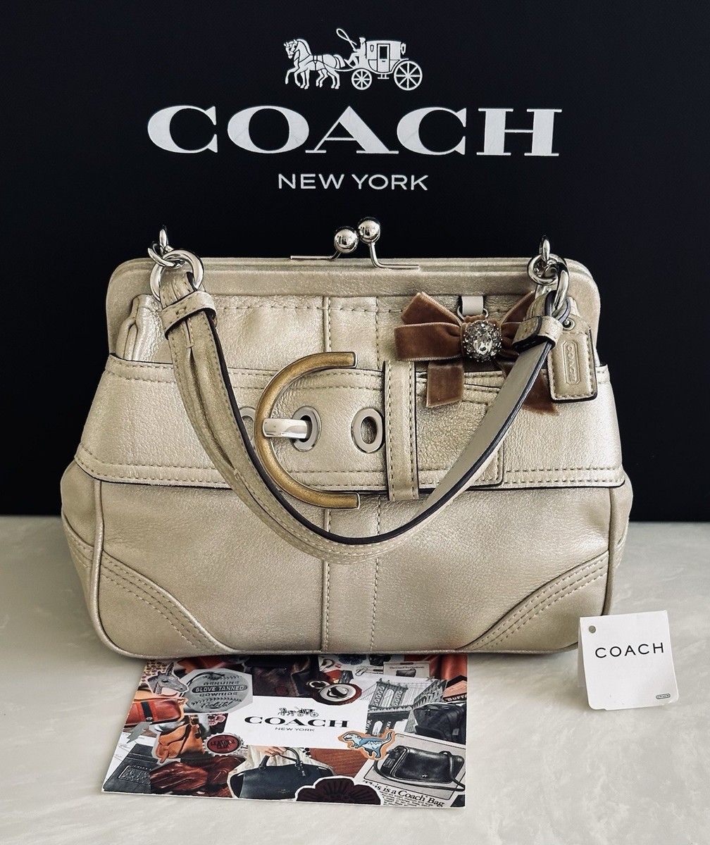 NWT COACH LTD METALLIC GOLD SOHO BUCKLE KISSLOCK / SUEDE BOW