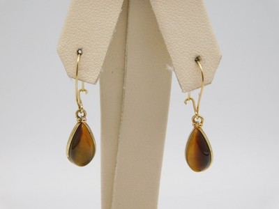 SWEET ANTIQUE 14K SOLID YELLOW GOLD TIGER'S EYE STONE DANGLE EARRINGS