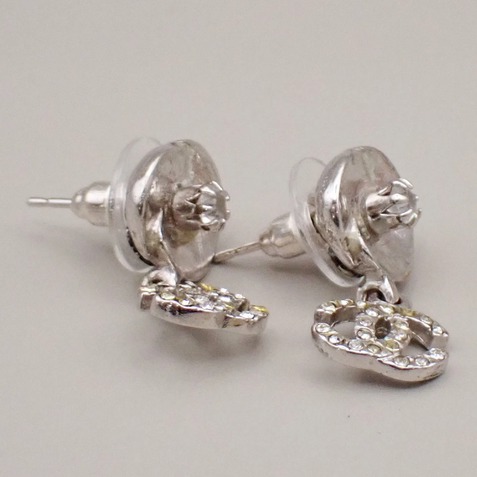 CHANEL CC Logo Rhinestone Camelia Piercing Earring 04P Silver France 38RF516 - Image 3 of 4
