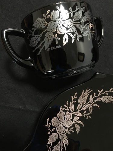 BLACK AMETHYST GLASS PLATTER +SUGAR +CREAMER, SILVER OVERLAY LANCASTER 3-PC - Picture 14 of 16