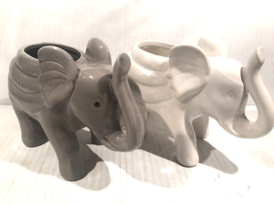 Elephant Ceramic Planters Gray & White Trunk Up Approx. 5.0''H X 7''L READ NEW
