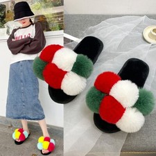 Women Fluffy Slipper Faux Fur Lined Flats Shoes Pompom Balls Slip on Sandals