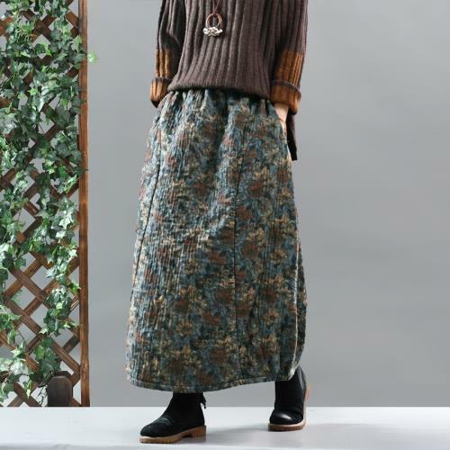 Women Quilted Floral Printed Warm Long Maxi Skirts Ethnic Winter Cotton Skirts