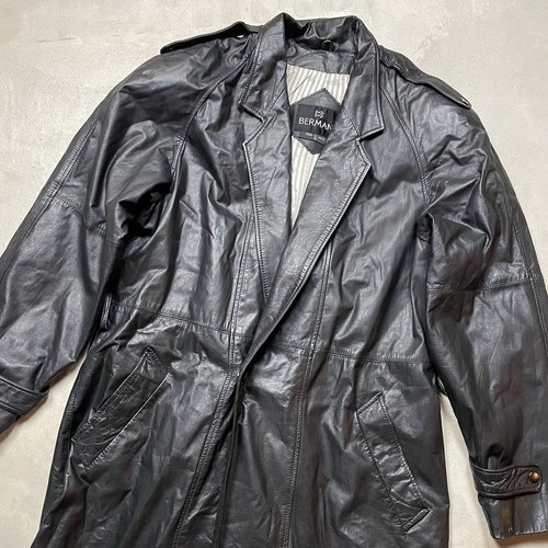 Vintage Bermans Leather Trench Coat Jacket M Black 90s Cyberpunk Goth Duster - Picture 4 of 10