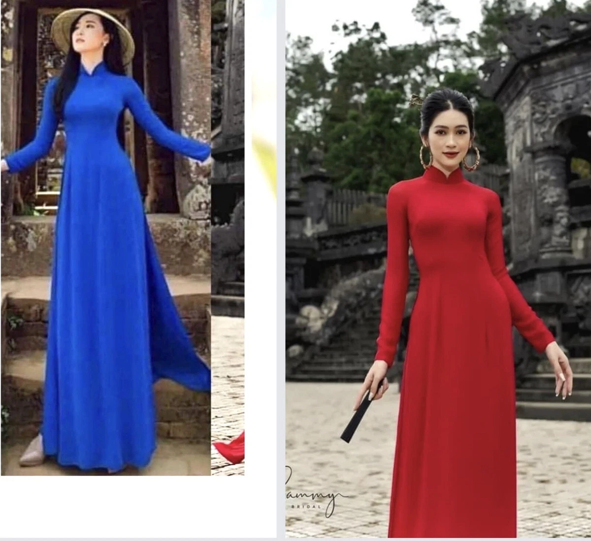 Red & Blue Lua My Silk Ao Dai Vietnamese Long Dress with Matching