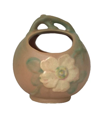Vtg. WELLER POTTERY WILD ROSE Soft Matte HANDLED Round BASKET VASE PLANTER ~ 6"T