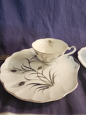 Lefton China Hand Painted Shell Shaped Silver Wheat Plate and Tea