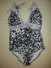Profile by Gottex Navy  Purple Pop Flower 1 PC V Neck Swimsuit Sz 10 NWT