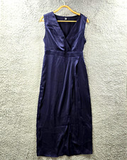 Shein Womens Midi Wrap Dress Size L Navy Blue Satin Sleeveless V-Neck