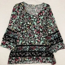Style & Co Black Multi Color Floral Round Neck Stretch Flare Sleeve Top XL