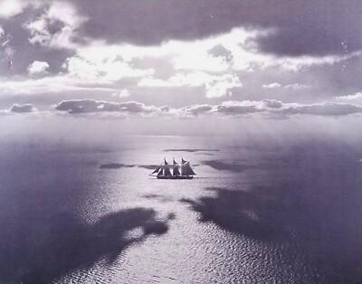 Vintage 1970 B&W Photo Print On Board 3 Mast Sail On Open Water Aerial Boston