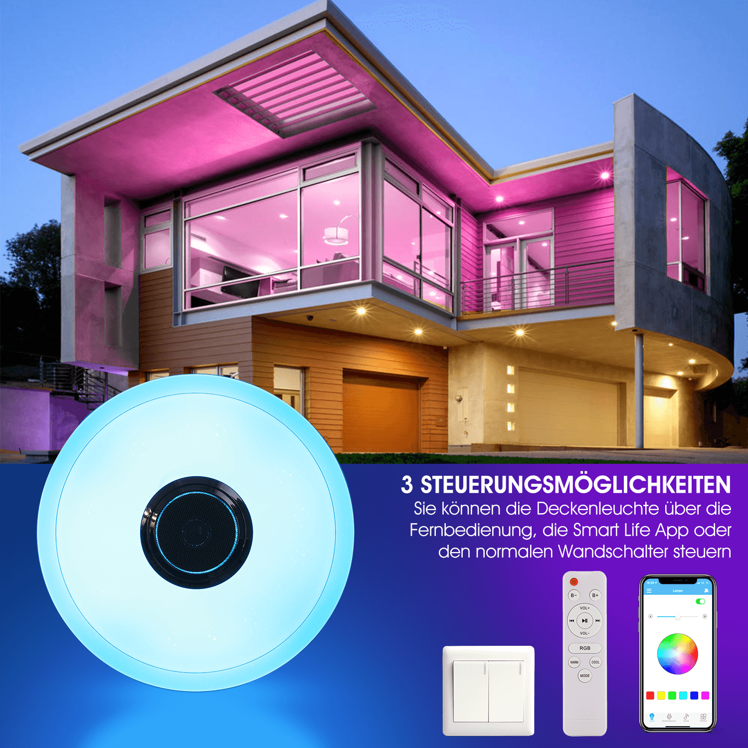 DIMMBAR RGB LED Deckenlampe mit Bluetooth Musik Lautsprecher