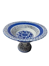 Seymour Mann China Blue Porcelain Pedestal Bowl 11.75" Floral Gloss Vintage