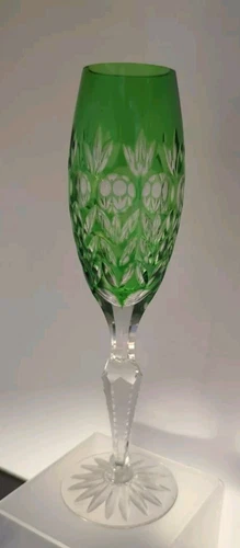 AJKA FLORDERIS FLUTE EMERALD GREEN CUT TO CLEAR CRYSTAL BOHEMIAN HUNGARY