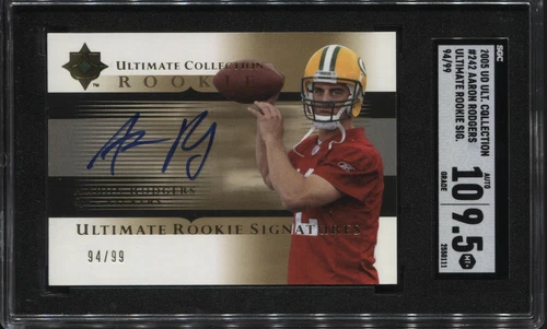2005 ULTIMATE COLLECTION AARON RODGERS RC /99 SGC 9.5 W/ 10 AUTO ON-CARD 4 MVPS