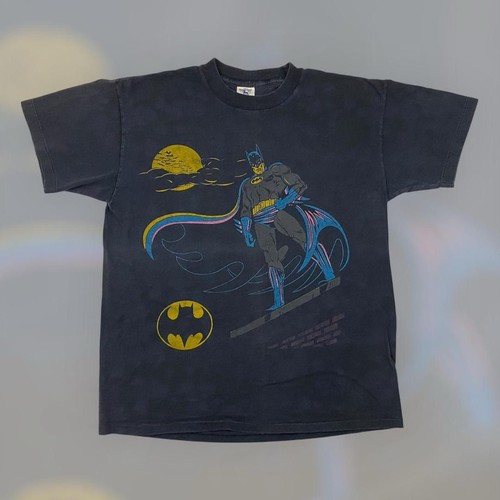 VTG 80s DC Comics Batman Cartoon Artwork T Shirt Adult XL Black Faded Rare USA