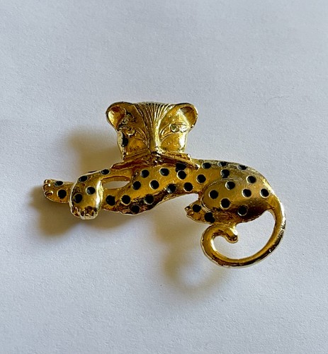 Adorable Gato Vintage Bebé Leopardo Broche Puma Prendedor Tono Dorado con Esmalte - Imagen 3 de 6
