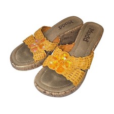 Vtg y2k Orange Yellow Sequin Flower Cork Platform Heel Mudd Womens 7.5 Rare READ