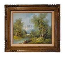 Vintage Signed Oil On Canvas Painting Mountain River Landscape Framed