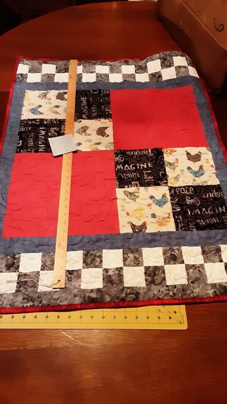 QUILTED Chicken Table Runner 38.5" x 28" Red Black & Blue Handmade Lt#2