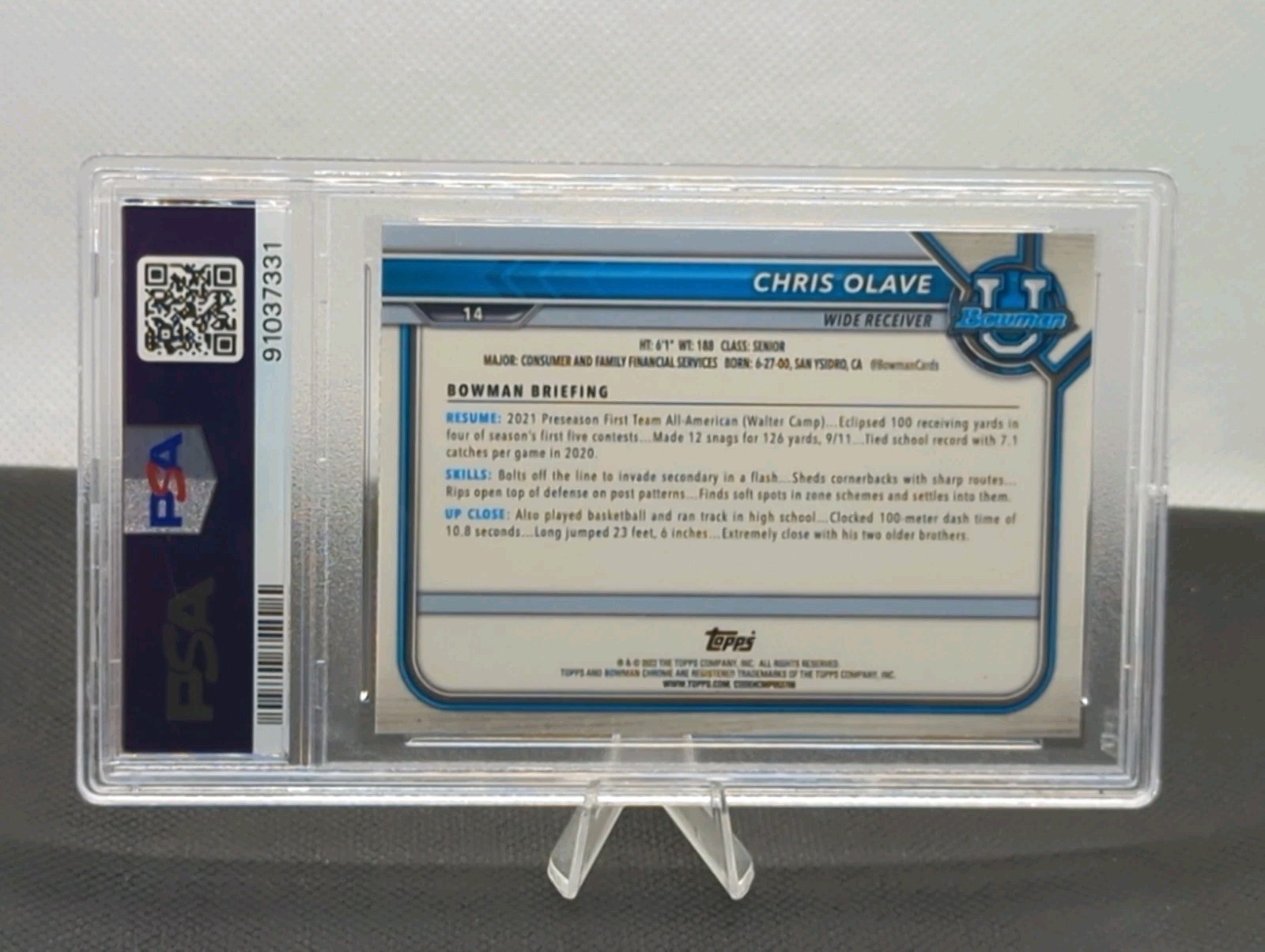 Chris Olave - 2021 Bowman Univiversity Red Shimmer RC /10 - PSA 10 Jersey Match view 3