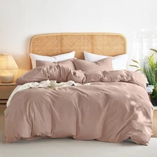Cotton Duvet Cover Set, Queen Size, Dusty Rose Pink, 100% Washed Cotton, Linen