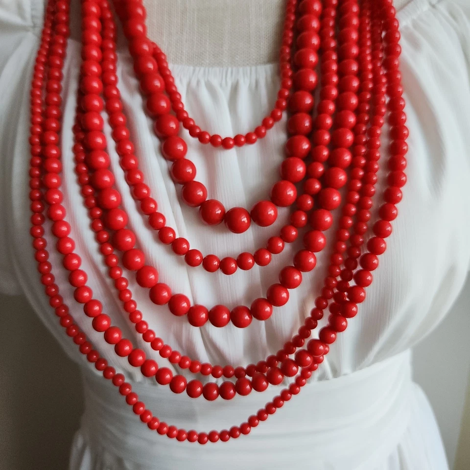 Collar de cuentas Lucita roja de siete capas | Joyería retro vintage 18"–24" Foto 2 de 4