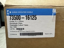 NEW Case of 1000 Kimble Chase 73500-16125 16 x 125 mm Borosilicate Glass Culture